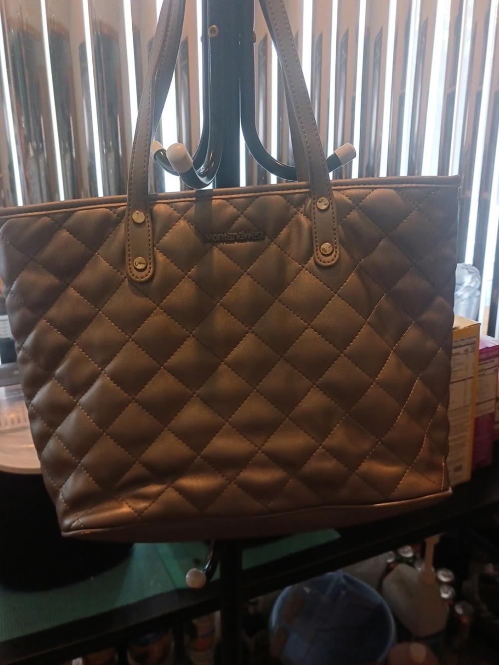 Montana West Metallic Pewter Quilted Tote Bag. Excellent Condition